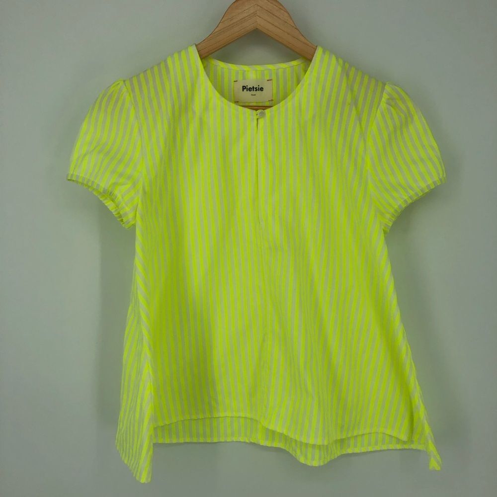 Pietsie Blouse Neon Striped Womens Small Yellow‎ Short Sleeve Keyhole V Neck
